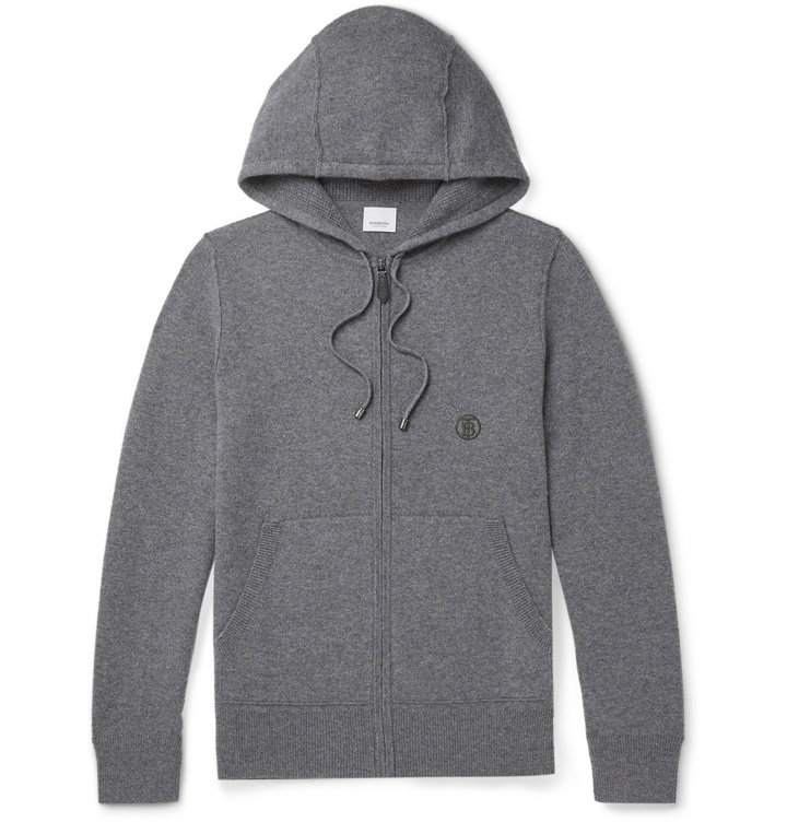 Photo: Burberry - Logo-Embroidered Mélange Cashmere-Blend Zip-Up Hoodie - Gray