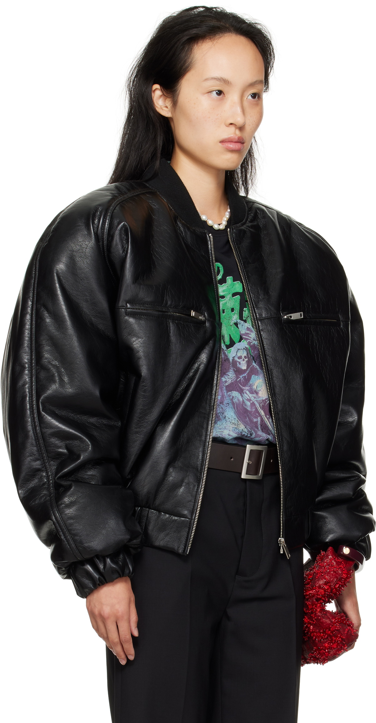 LU'U DAN Black Riot Faux-Leather Bomber Jacket
