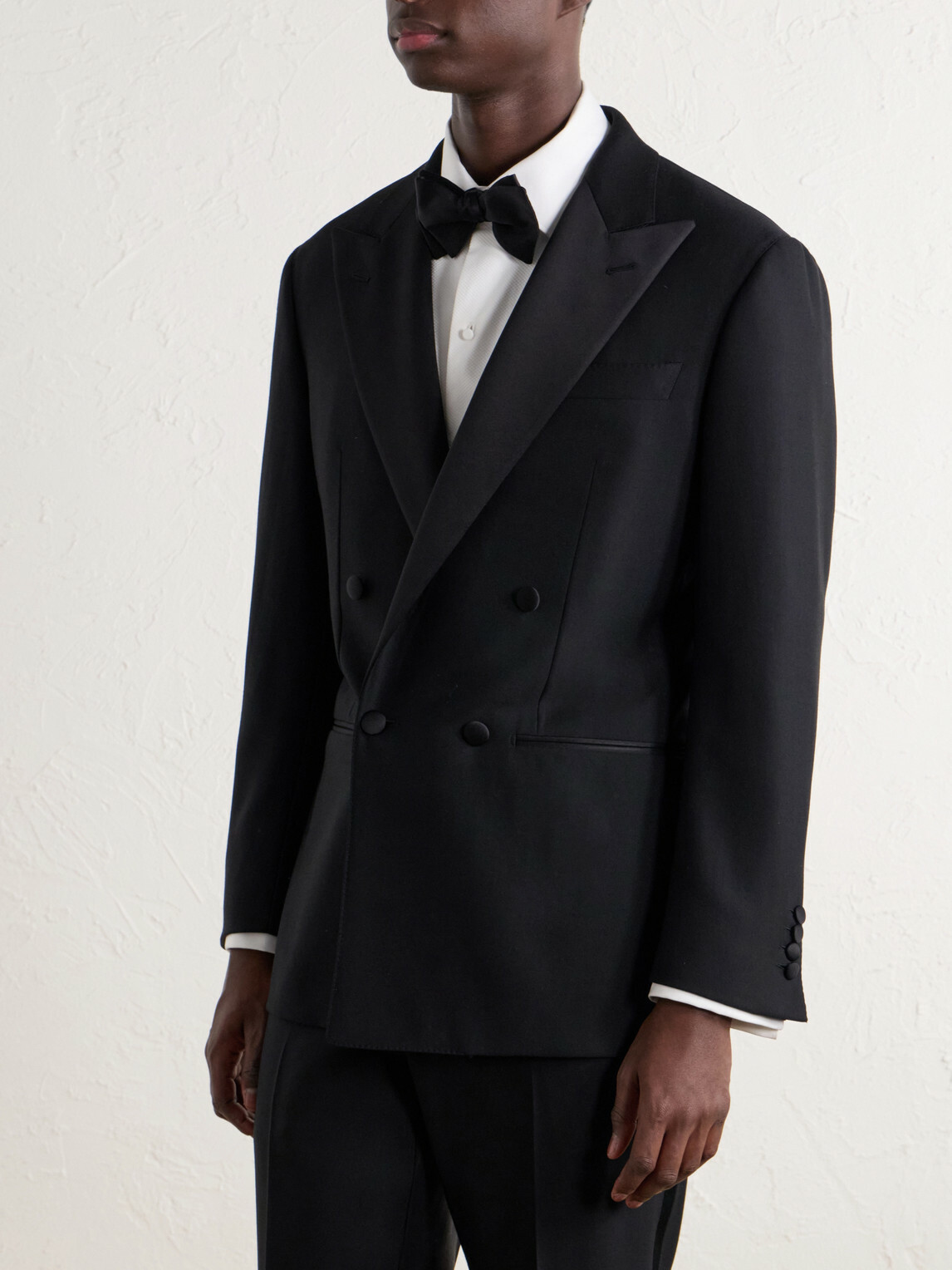 Thom Sweeney - Double-Breasted Satin-Trimmed Wool-Fresco Suit Jacket - Black