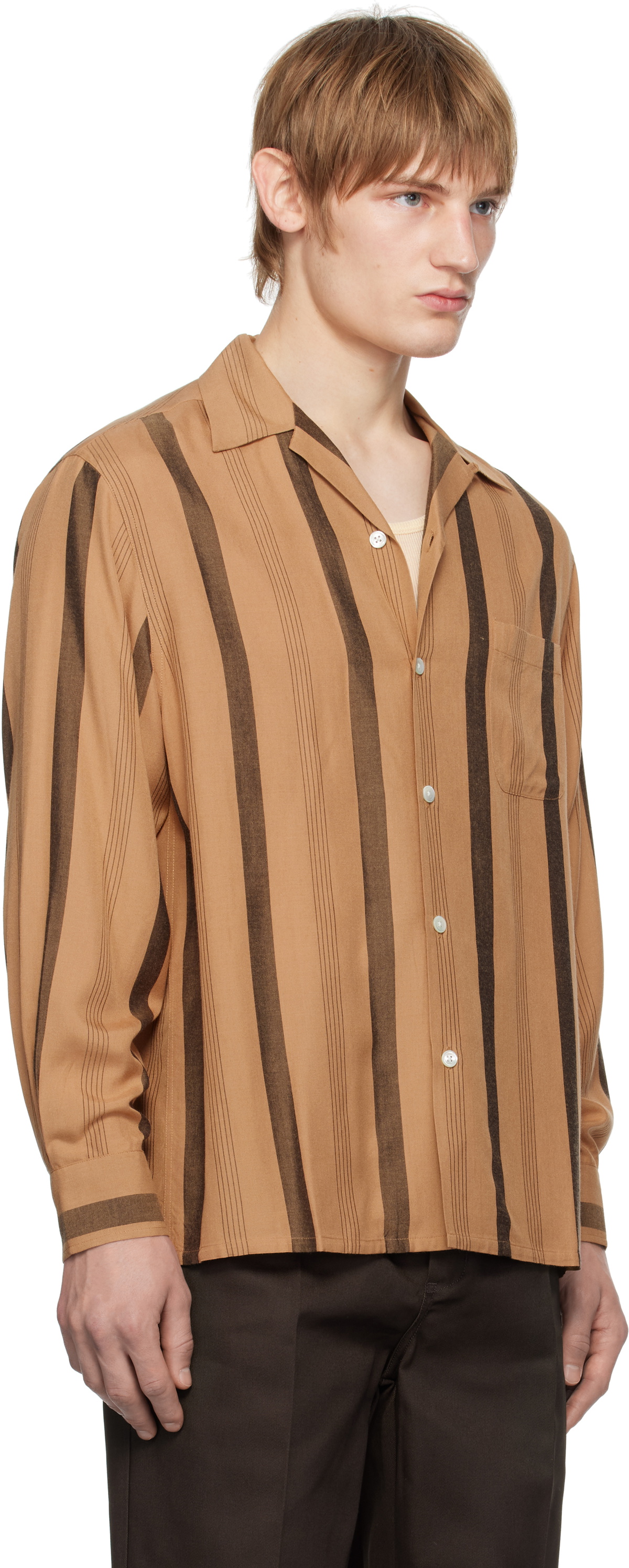 WACKO MARIA Brown Striped Open Collar Shirt Wacko Maria