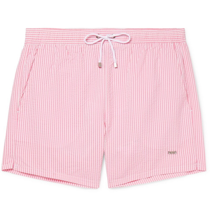 Photo: Hugo Boss - Mid-Length Striped Seersucker Swim Shorts - Pink