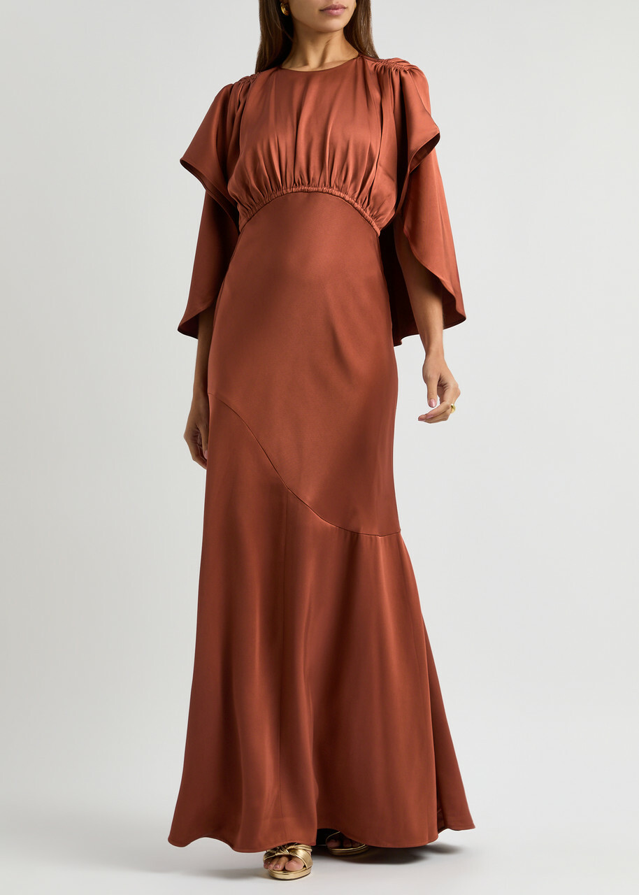 Zimmermann Eden Cascading Cape-effect Satin Maxi Dress Brown
