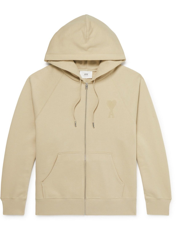 Photo: AMI PARIS - Logo-Embroidered Organic Cotton-Jersey Zip-Up Hoodie - Neutrals