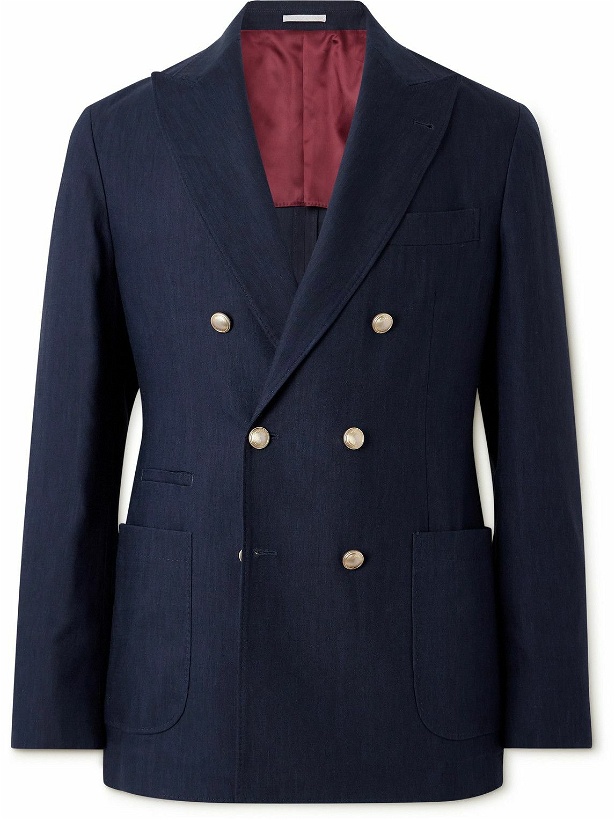Photo: Brunello Cucinelli - Double-Breasted Linen and Wool-Blend Blazer - Blue