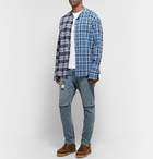 Greg Lauren - Grandad-Collar Distressed Checked Cotton-Flannel Shirt - Blue