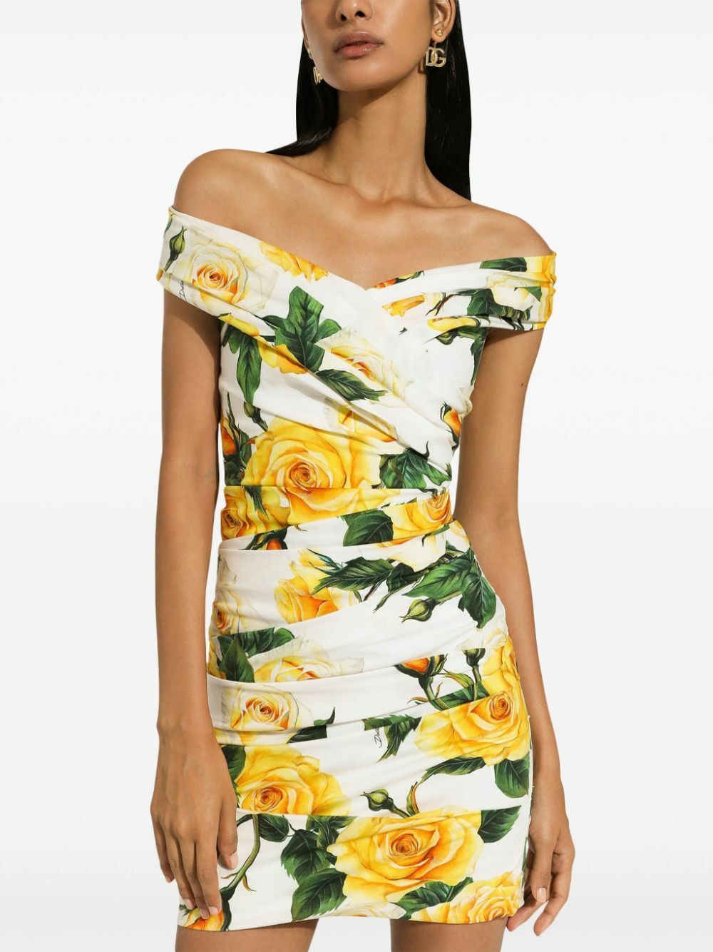 Dolce Gabbana White Rose Print Off The Shoulder Dress Dolce