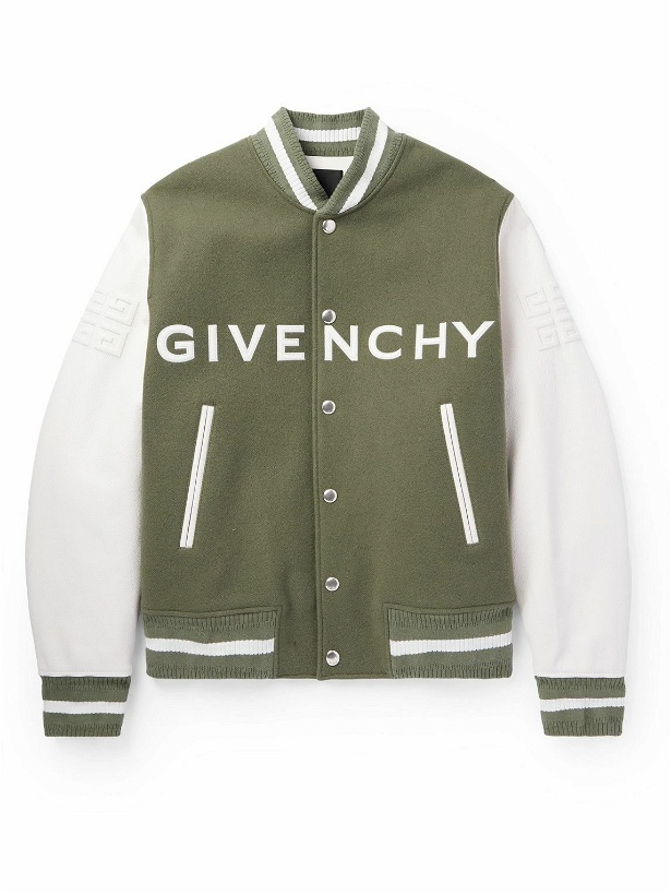 Photo: Givenchy - Logo-Appliquéd Wool-Blend and Leather Varsity Jacket - Green