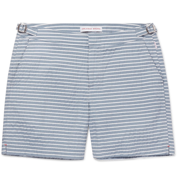 Photo: Orlebar Brown - Bulldog Mid-Length Striped Seersucker Swim Shorts - Blue