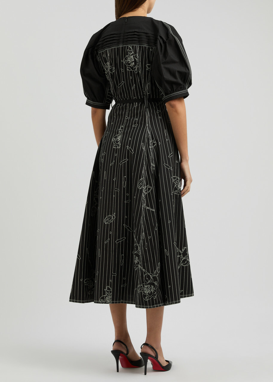 Lovebirds Printed Belted Cotton Midi Dress Black