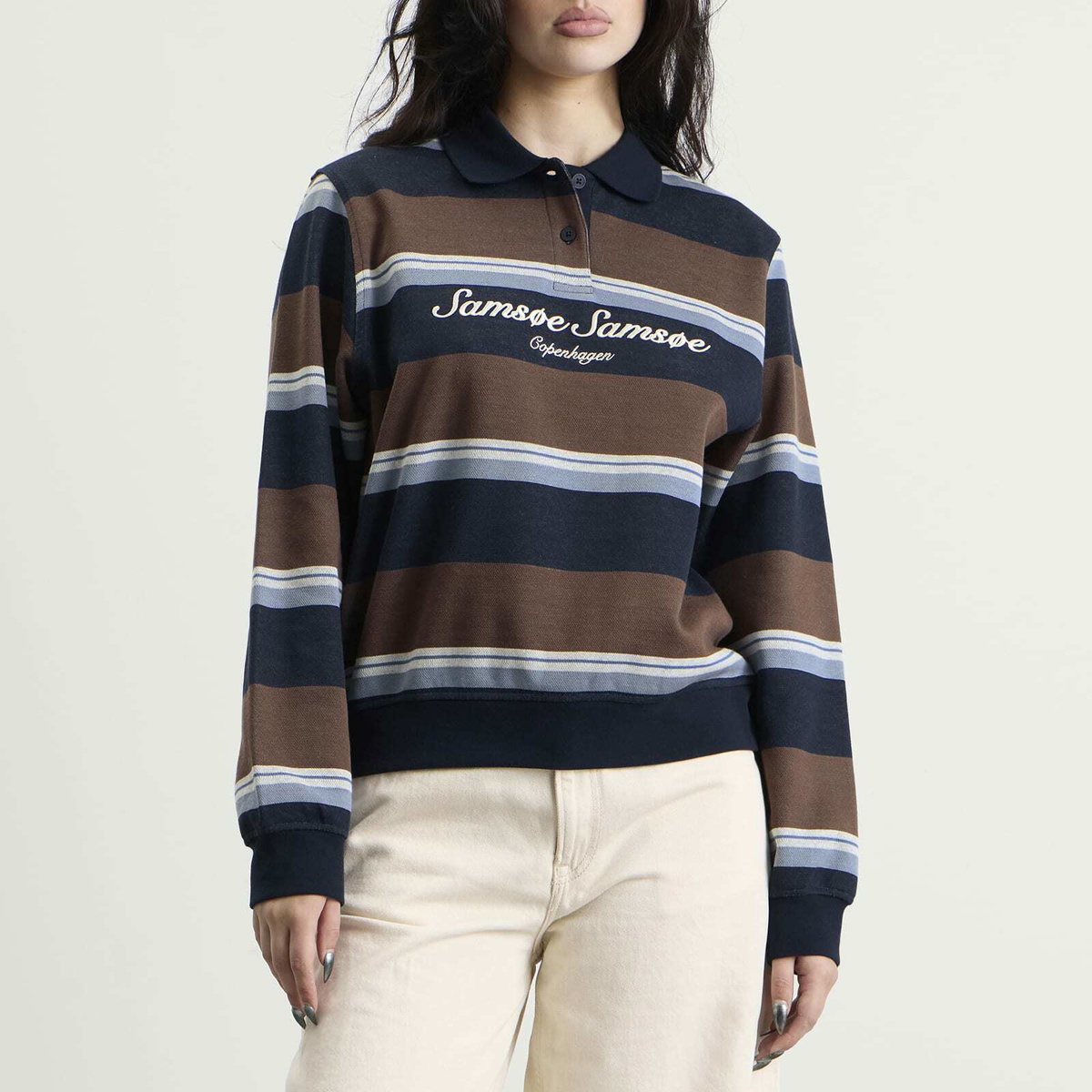 Samsøe Samsøe Women's Sadory Long Sleeve Polo in Brown Blue Stripe