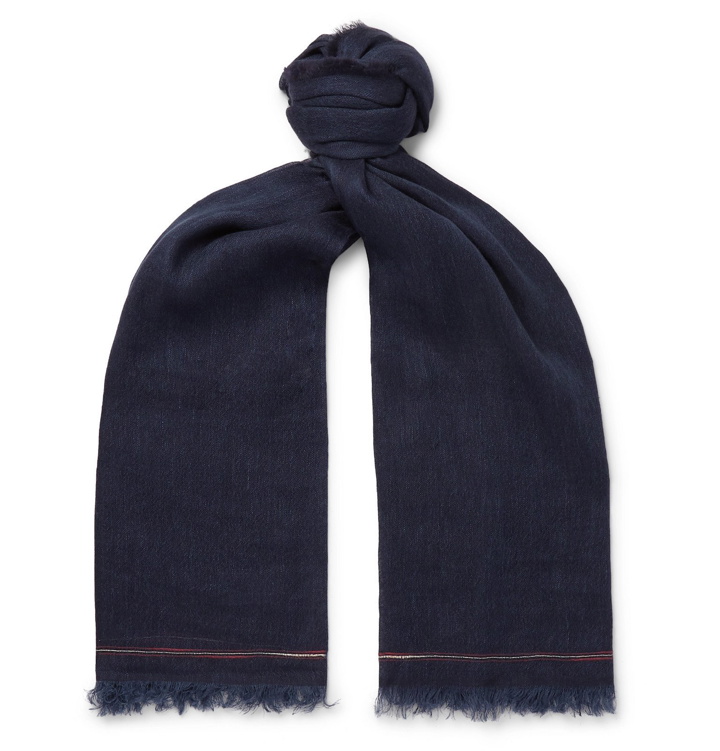 Photo: Brunello Cucinelli - Fringed Linen and Cashmere-Blend Scarf - Blue
