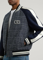Valentino Panelled Tweed Bomber Jacket Blue And White