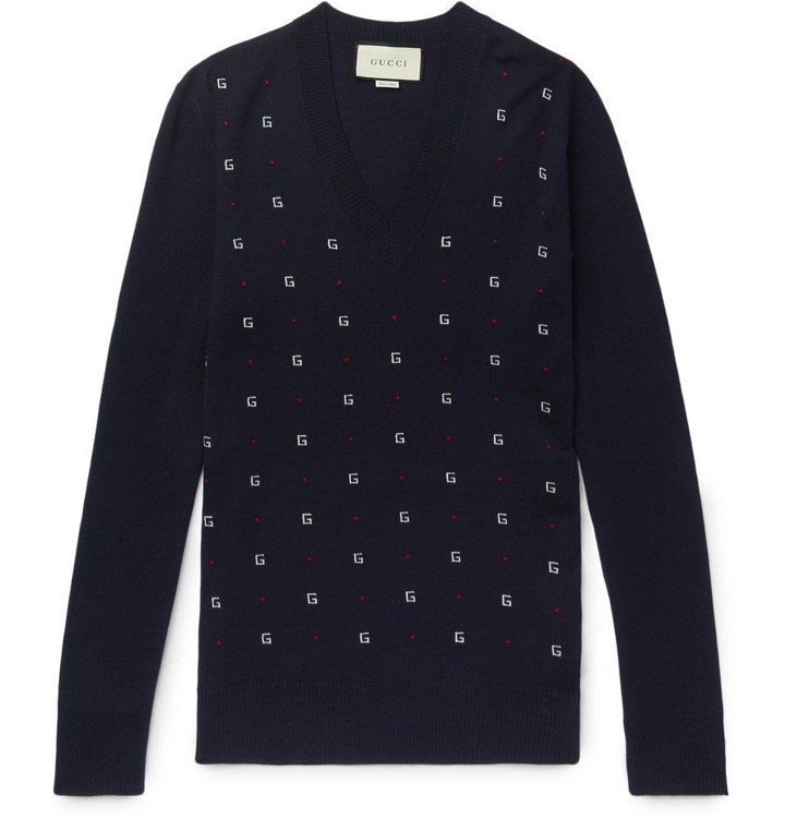 Photo: Gucci - Slim-Fit Logo-Intarsia Wool Sweater - Men - Navy