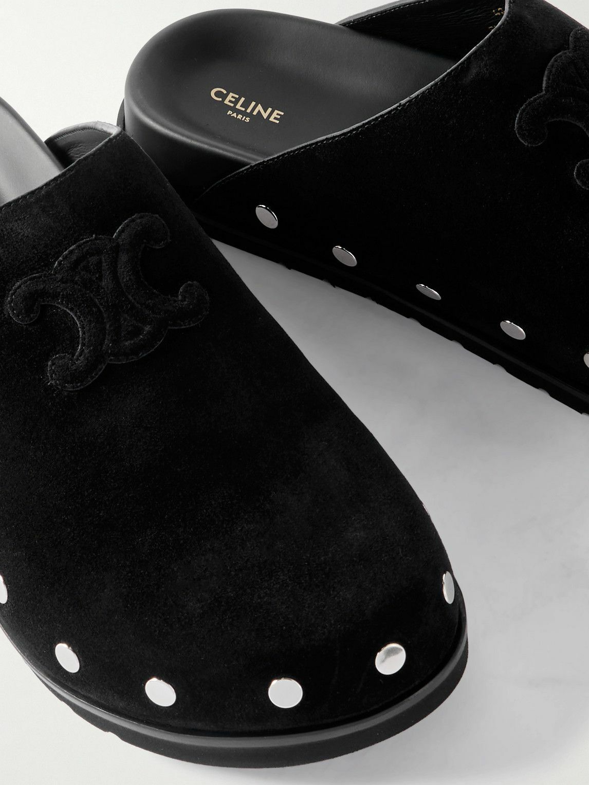CELINE - Triomphe Logo-Appliquéd Studded Suede Mules - Black
