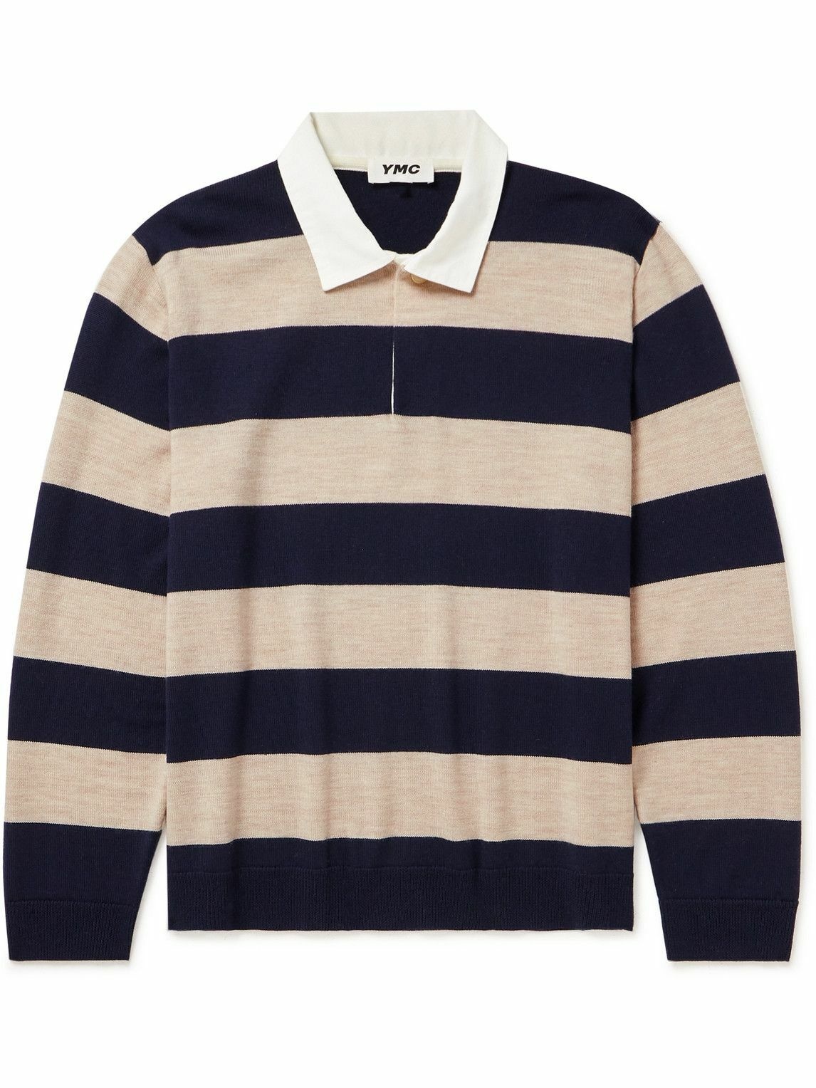 YMC - Up and Under Poplin-Trimmed Striped Merino Wool Rugby Shirt ...