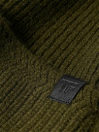 TOM FORD - Leather-Trimmed Ribbed Wool and Cashmere-Blend Beanie - Green