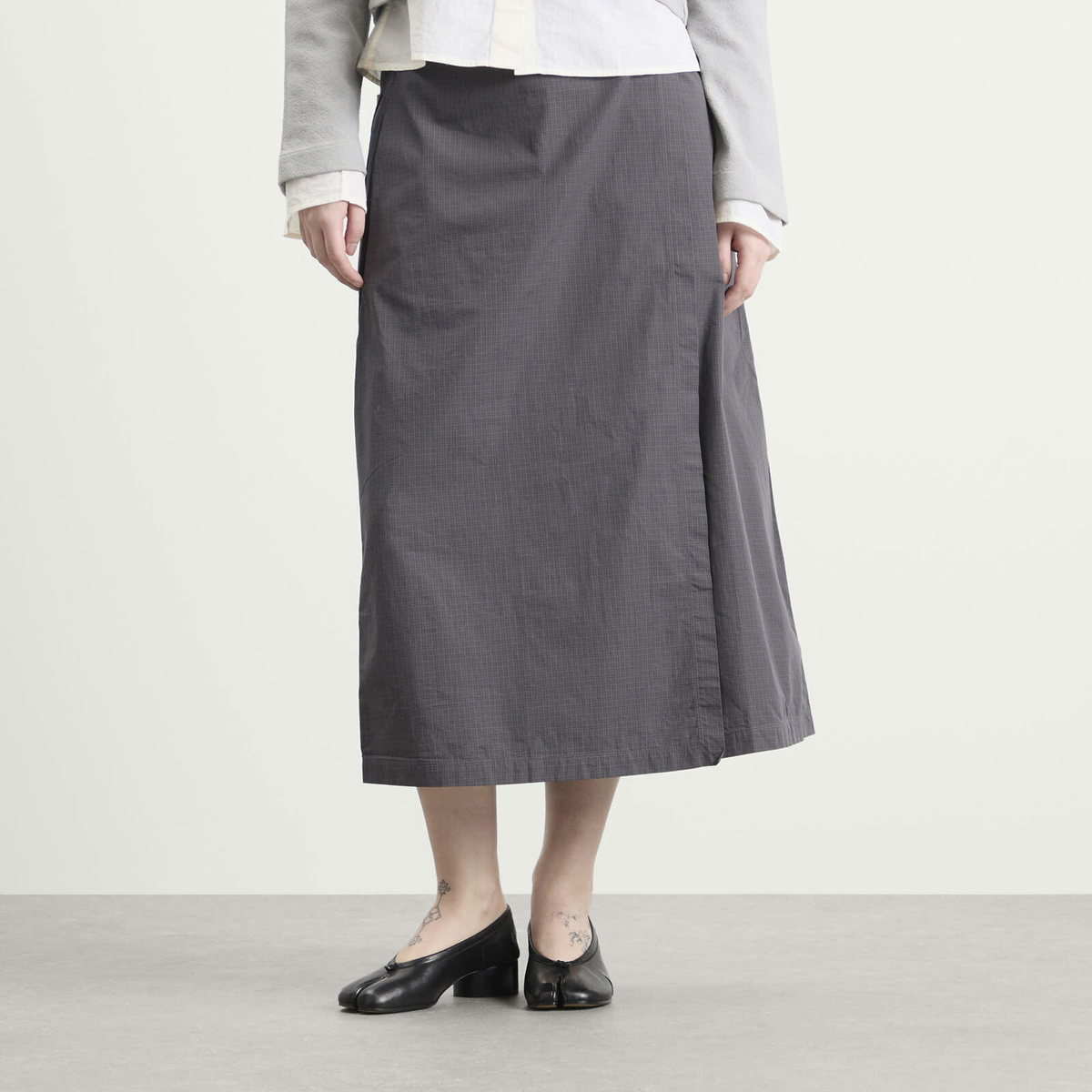 mfpen Women's Classic Wrap Skirt in Mushroom Micro Check Poplin