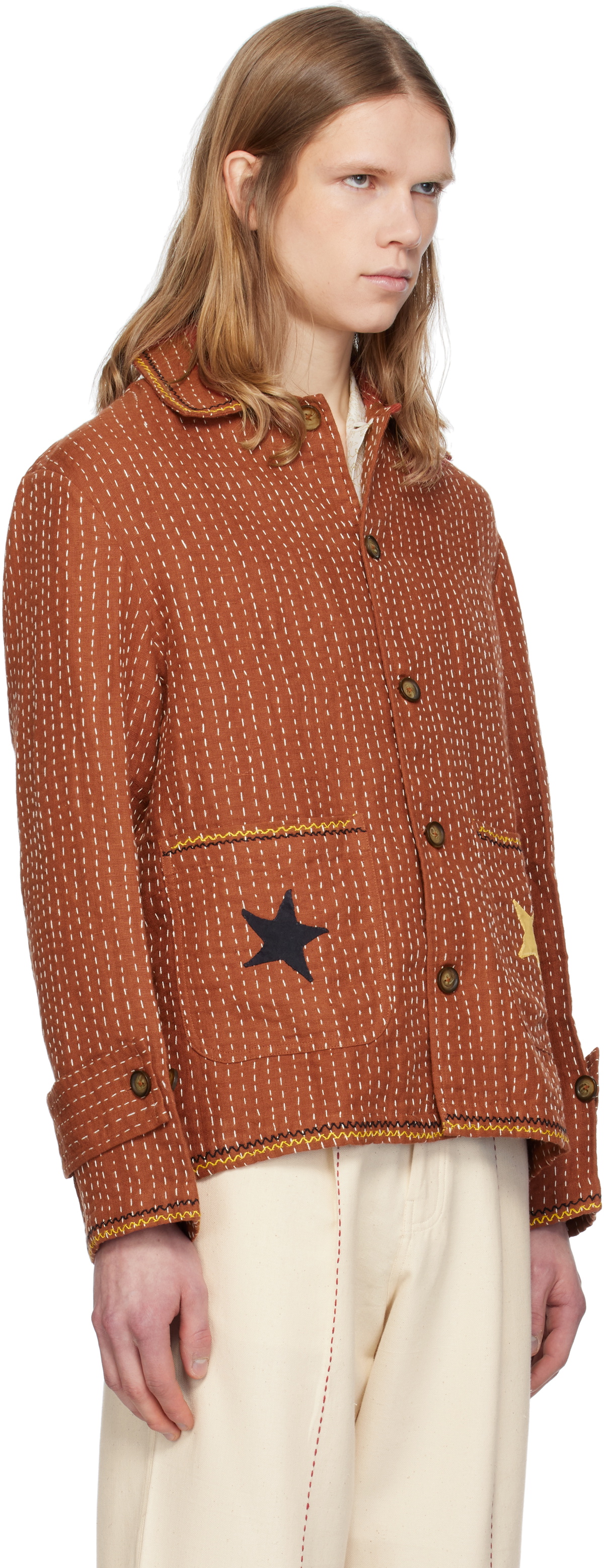 HARAGO Brown Kantha Applique Jacket