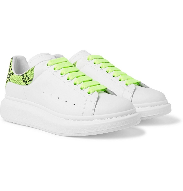 Photo: Alexander McQueen - Exaggerated-Sole Neon Snake-Effect Leather Sneakers - White