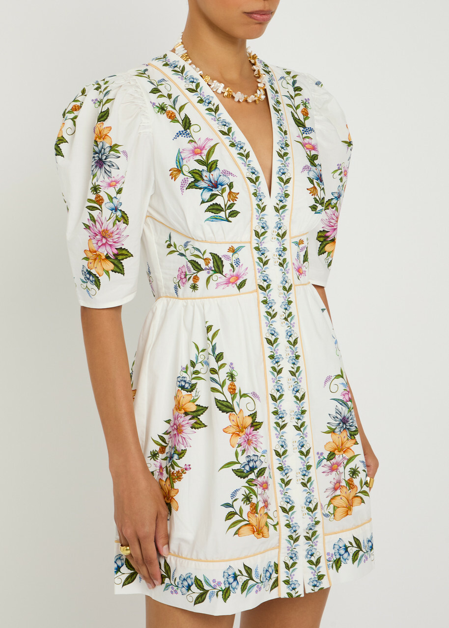 Farm Rio Sweet Bloom Floral-print Cotton Mini Dress White