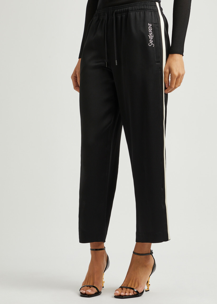 Saint Laurent Logo-embroidered Cropped Satin Trousers Black Saint