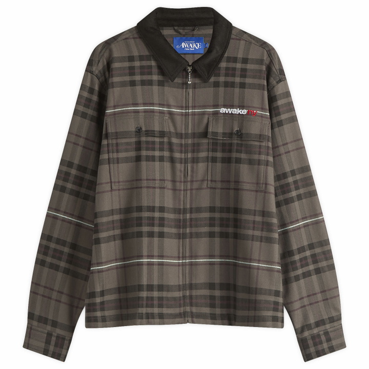Photo: Awake NY Men's Plaid Flannel Zip Overshirt in Brown