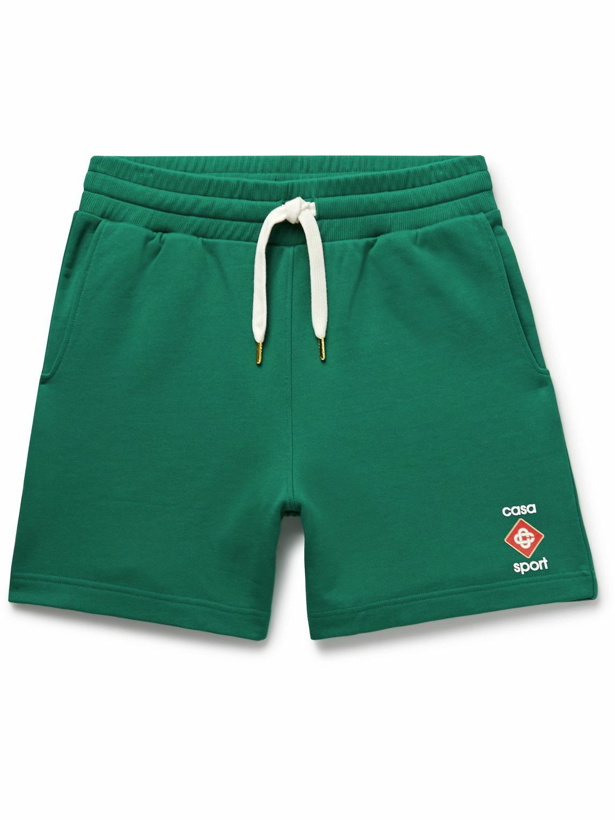 Photo: Casablanca - Straight-Leg Logo-Appliquéd Organic Cotton-Jersey Drawstring Shorts - Green