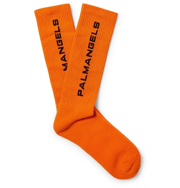 Photo: Palm Angels - Logo-Intarsia Stretch Cotton-Blend Socks - Men - Orange