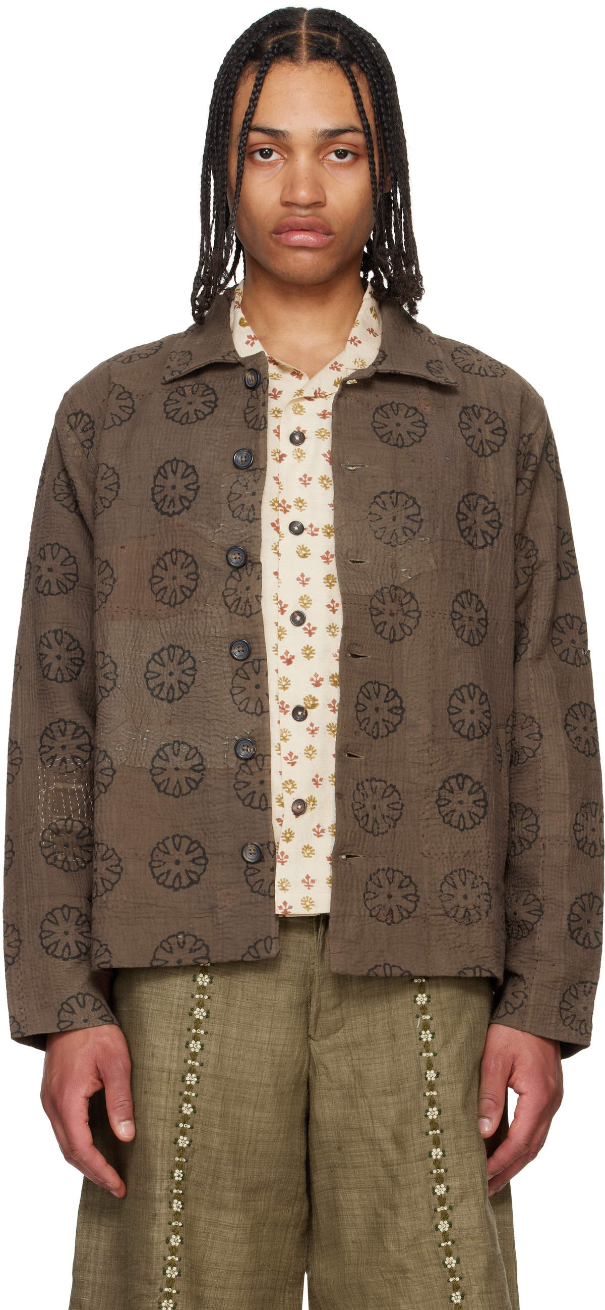 Kartik Research Brown Blockprint Kantha Jacket Kartik Research