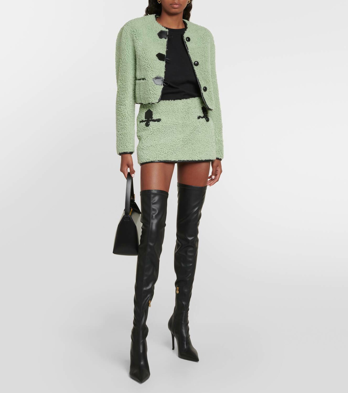 Blancha Leather-trimmed shearling miniskirt