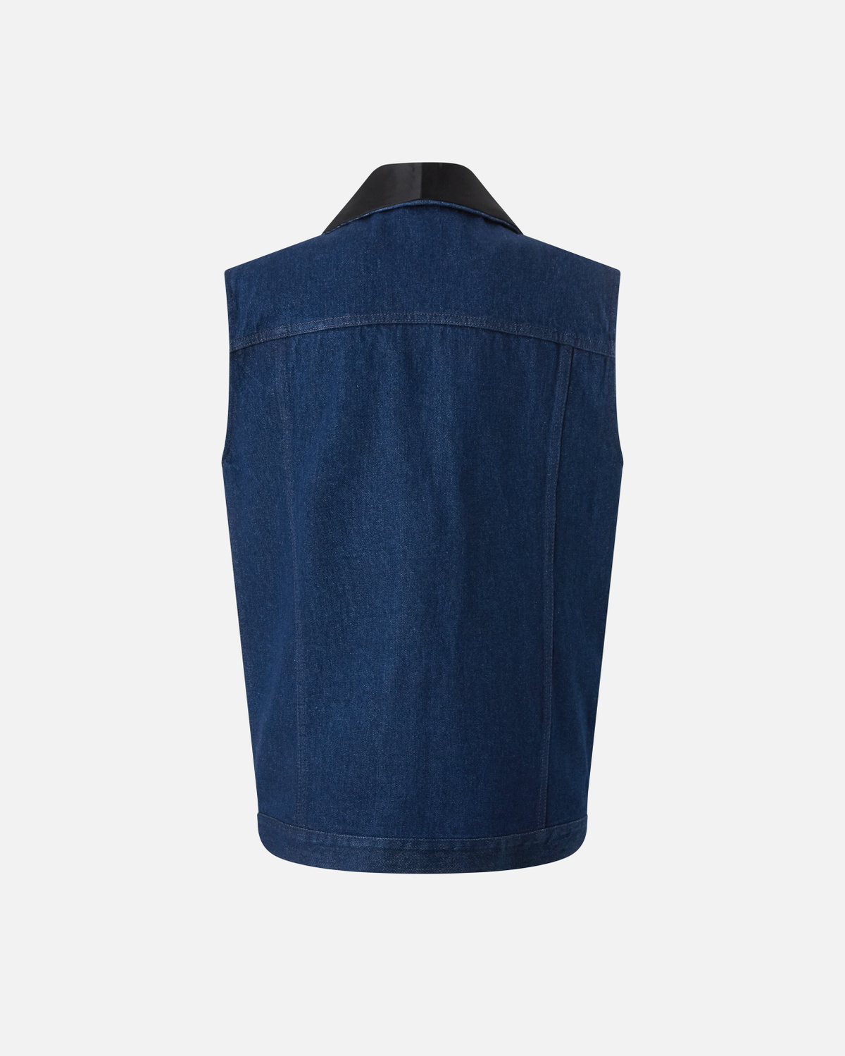 Pinko Denim Vest With Black Satin Lapel Collar Mid Wash