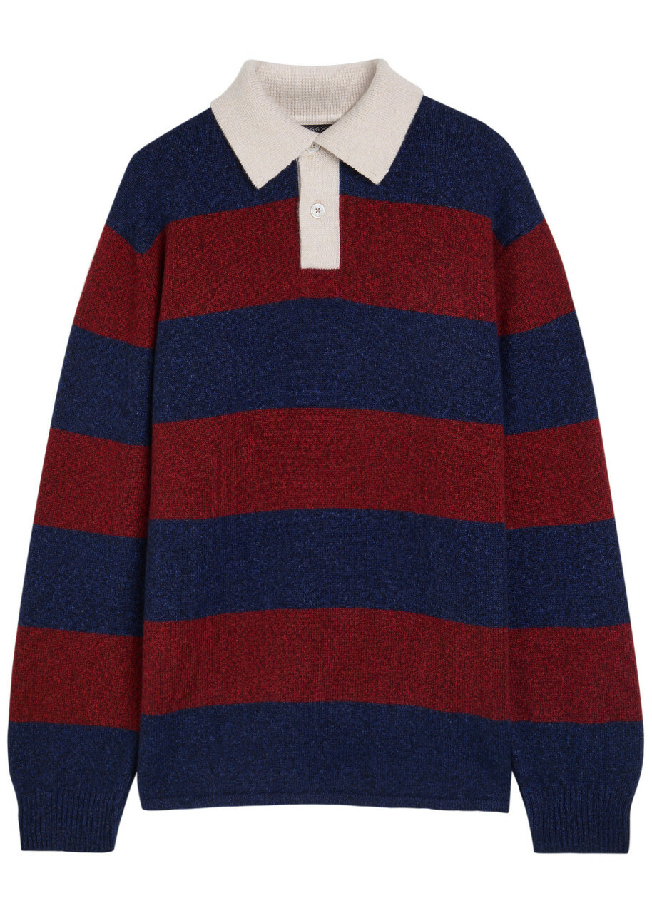 Begg & CO Hooped Striped Cashmere Polo Jumper Navy