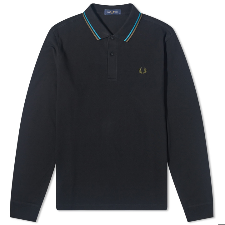 Photo: Fred Perry Men's Long Sleeve Twin Tipped Polo Shirt in Black/Cyber Blue/Uniform Green