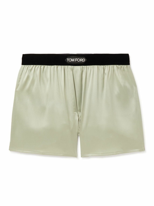 Photo: TOM FORD - Velvet-Trimmed Silk-Satin Boxer Shorts - Green