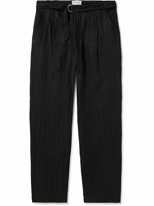 Photo: Oliver Spencer - Straight-Leg Belted Pleated Embroidered Linen Trousers - Black