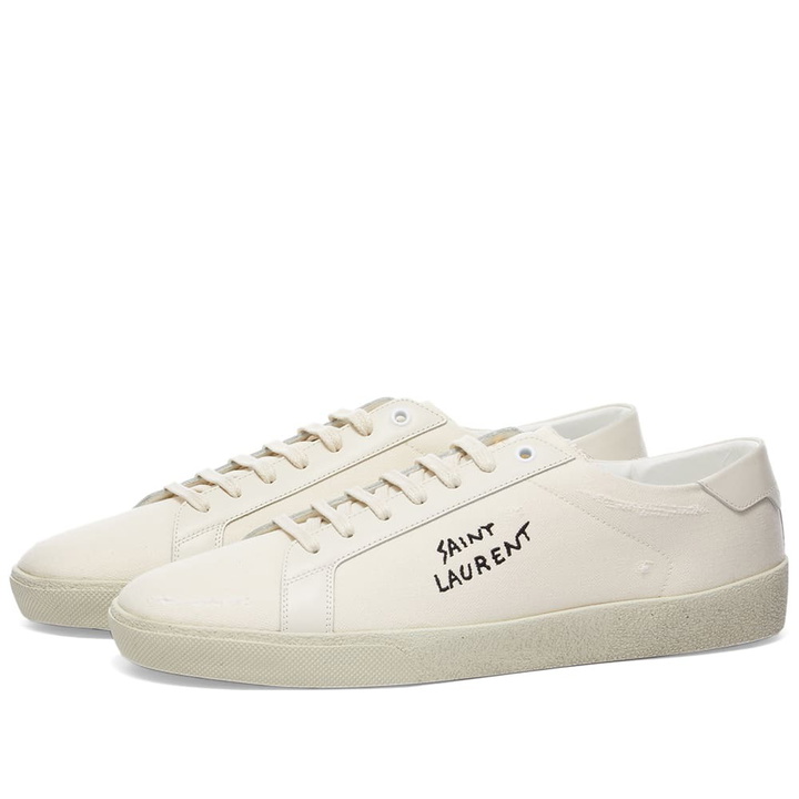 Photo: Saint Laurent Men's SL-06 Court Signature Sneakers in Ecru