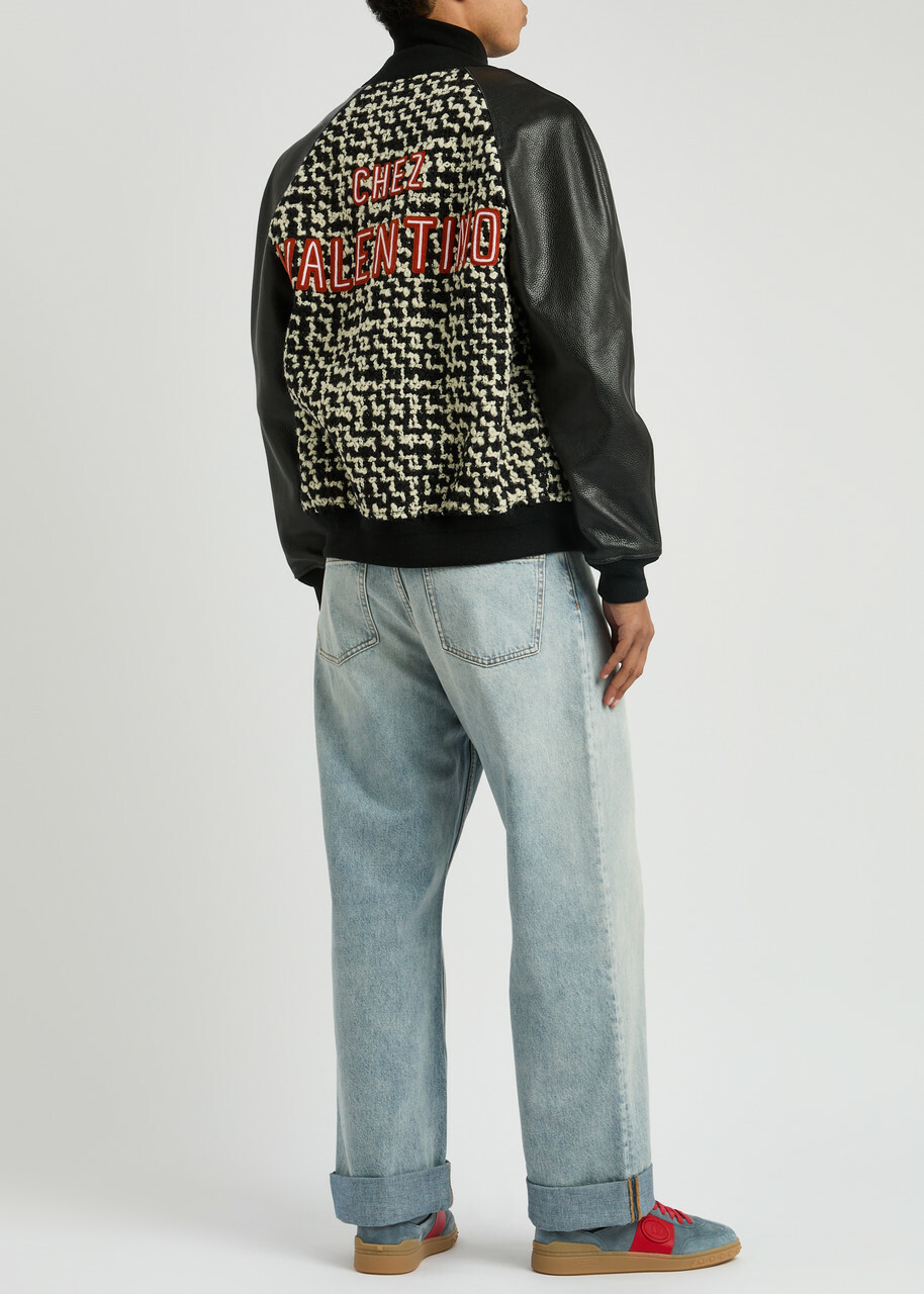 Valentino Leather and Bouclé Tweed Bomber Jacket Black