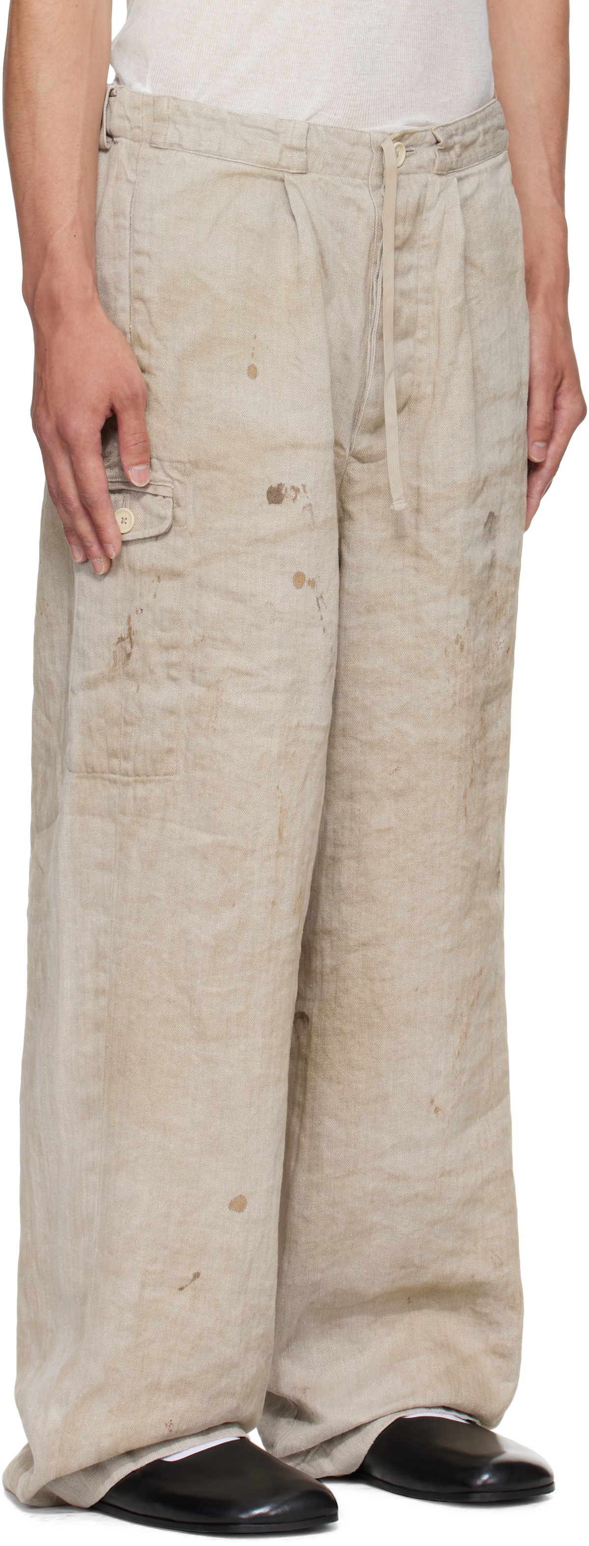 stein Beige Heavy Linen Herringbone Wide Easy Trousers
