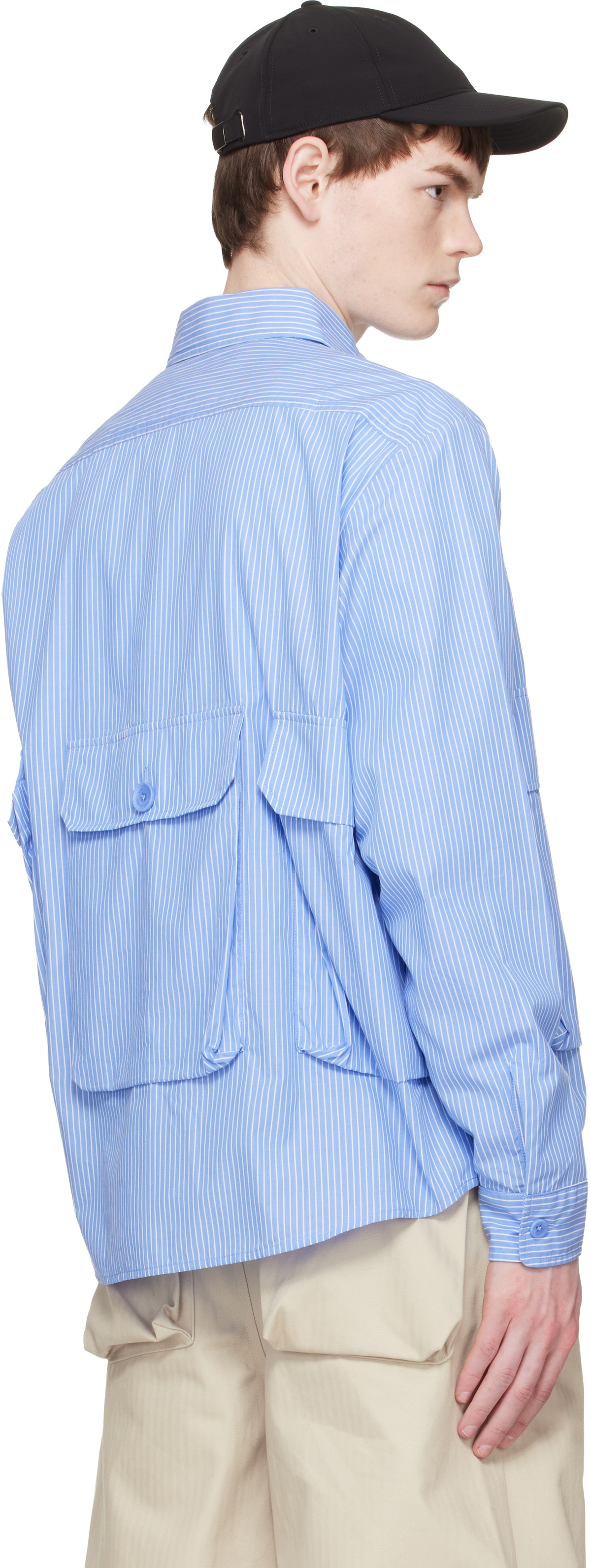 Reese Cooper Blue Cotton Chambray Cargo Button Down Shirt