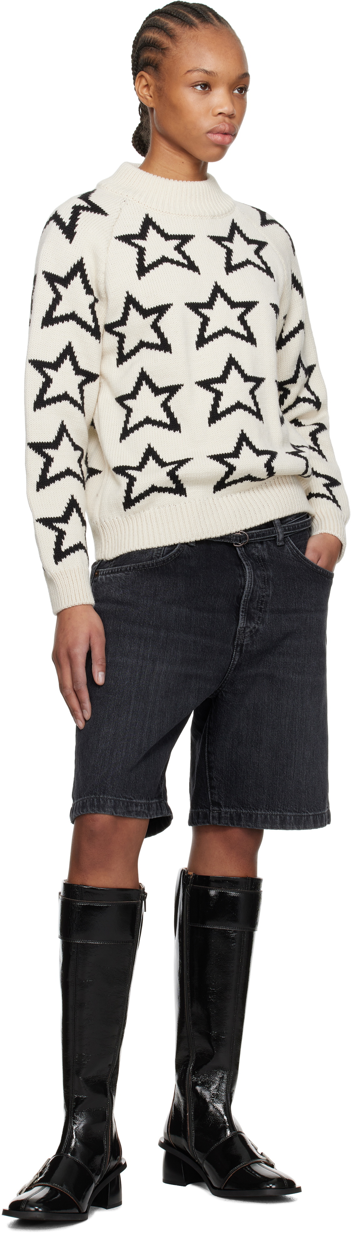 Re/Done Beige & Black Mock Neck Star Sweater