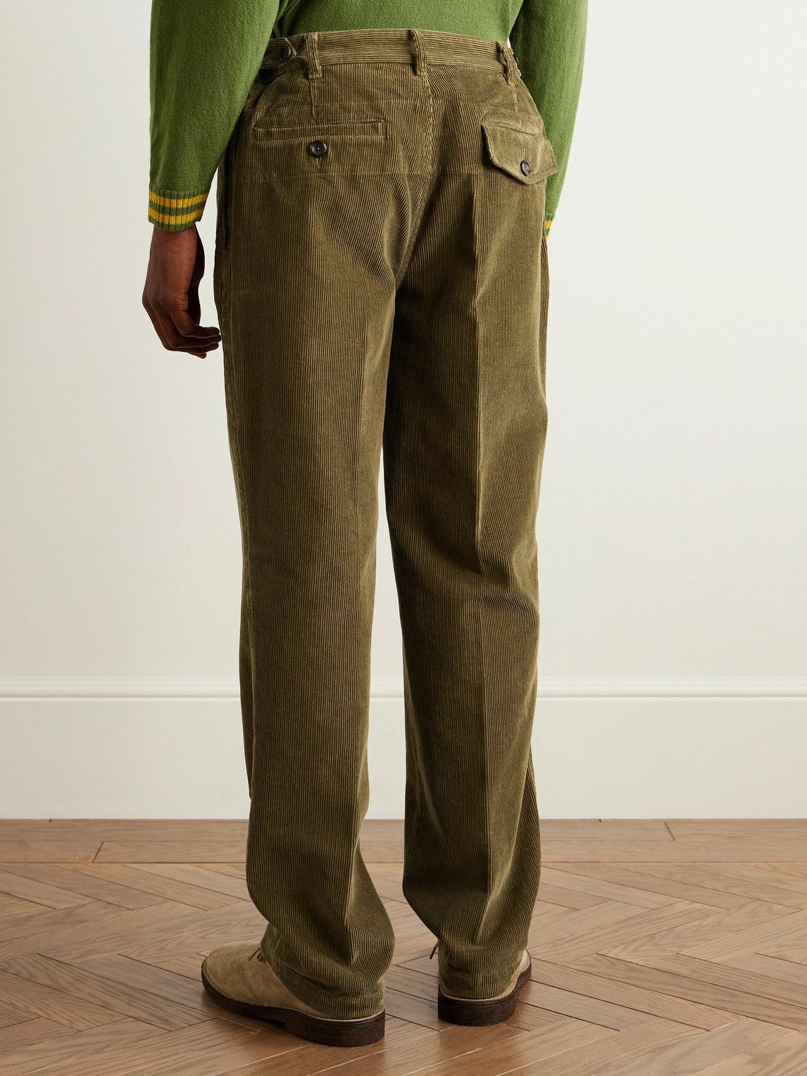 Drake's - Games Tapered Pleated Cotton-Corduroy Trousers - Green