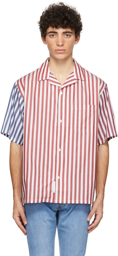 Photo: 4SDESIGNS White Combo Stripe Wide Camp Short Sleeve Shirt
