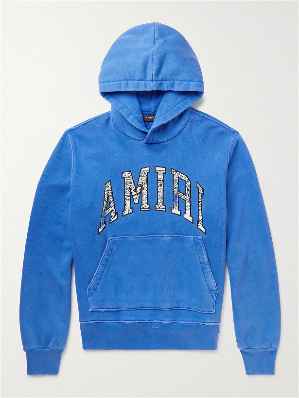 Photo: AMIRI - Logo-Appliquéd Distressed Supima Cotton-Jersey Hoodie - Blue