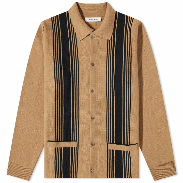 Photo: Wood Wood Men's Chester Stripe Cardigan in Camel