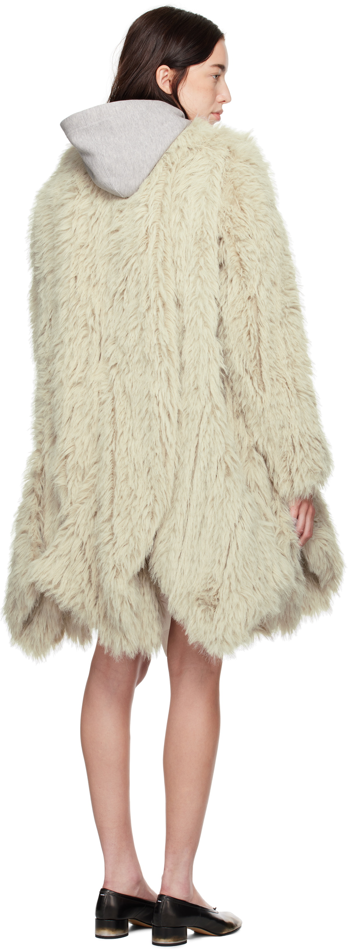 sacai Off-White Belted Faux-Fur Coat