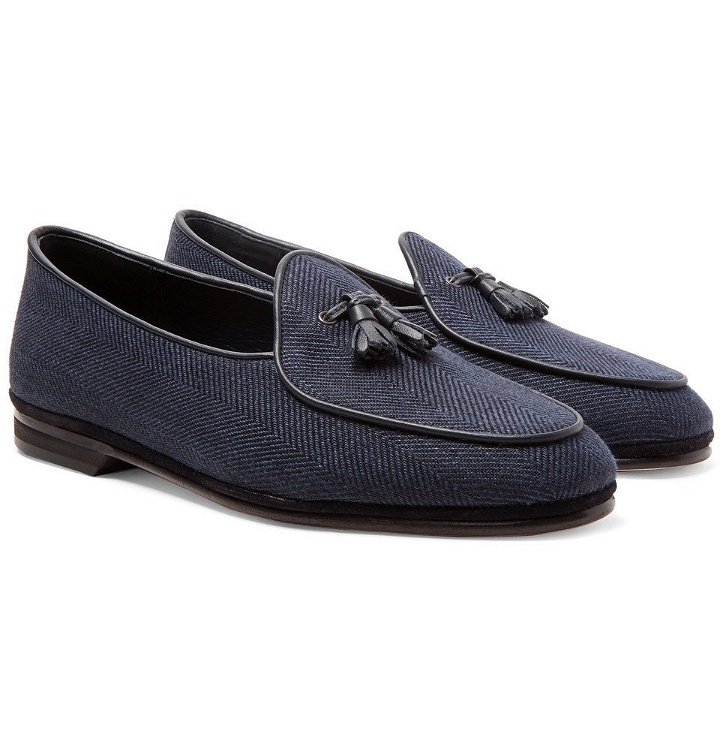 Photo: Rubinacci - Marphy Leather and Suede-Trimmed Herringbone Linen Tasselled Loafers - Navy