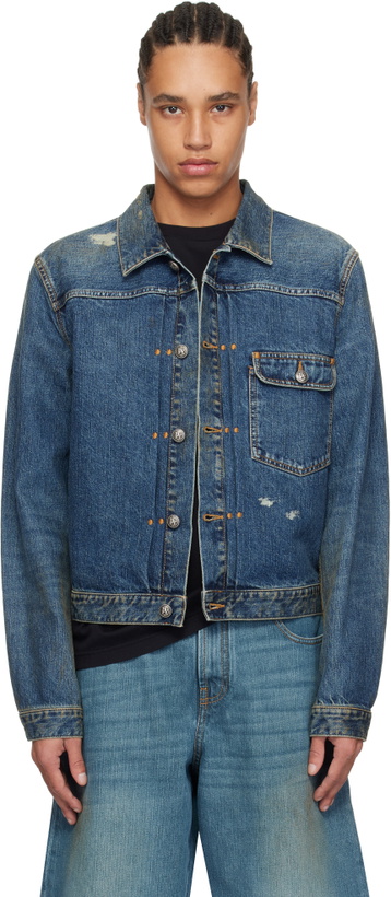 Photo: Palm Angels Blue Curved Logo Denim Jacket