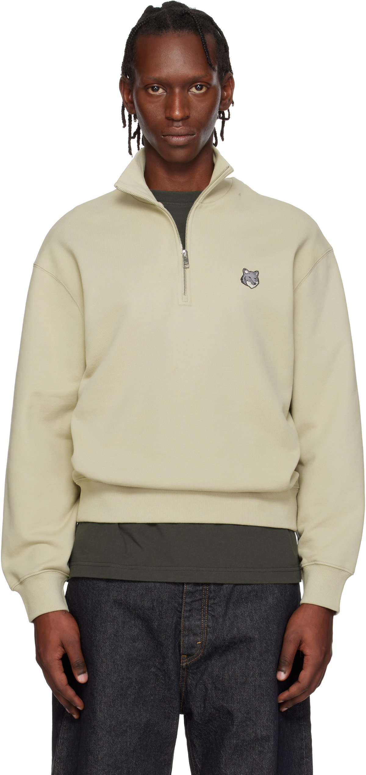 Maison Kitsuné Beige Fox Head Comfort Half Zip Sweatshirt Maison