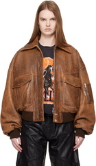 AMIRI Tan Faded Leather Bomber Jacket