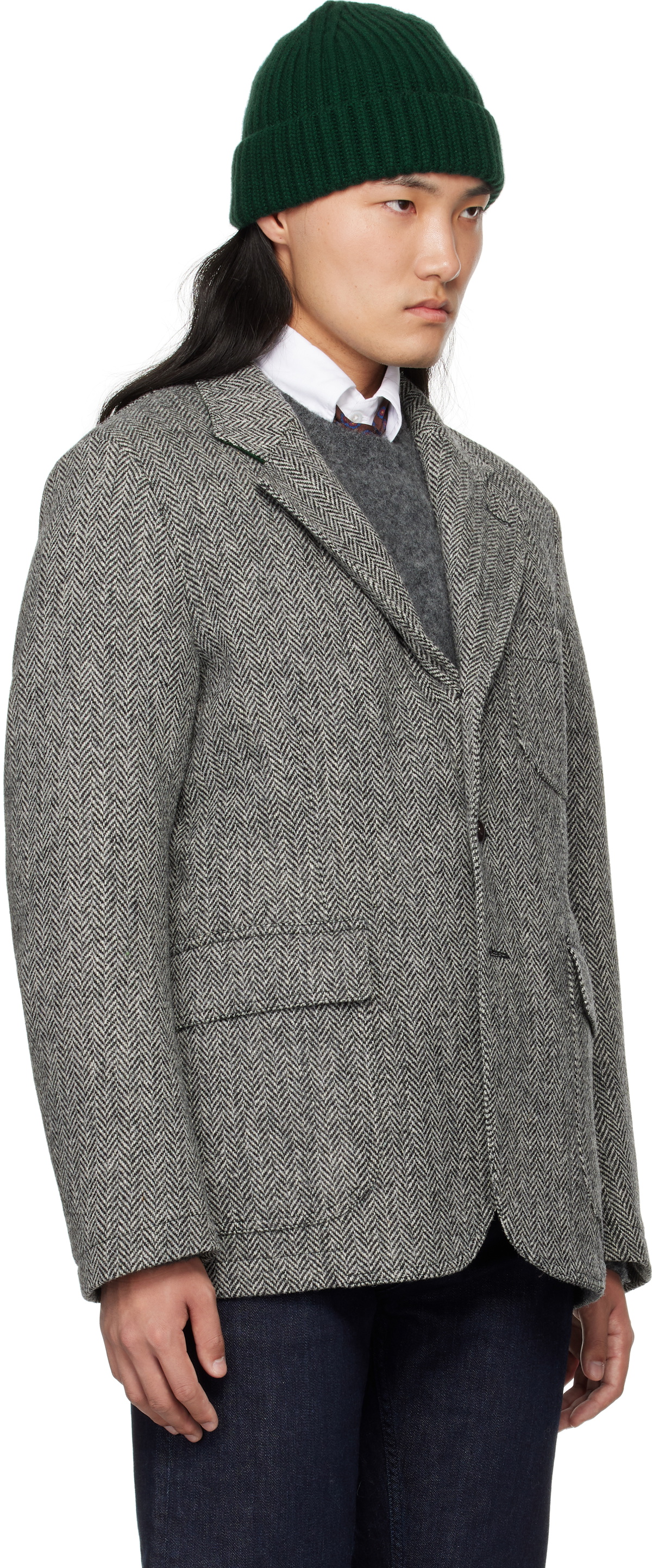 Drake's Gray Herringbone Harris Tweed Games Mk. VII Blazer Drake's